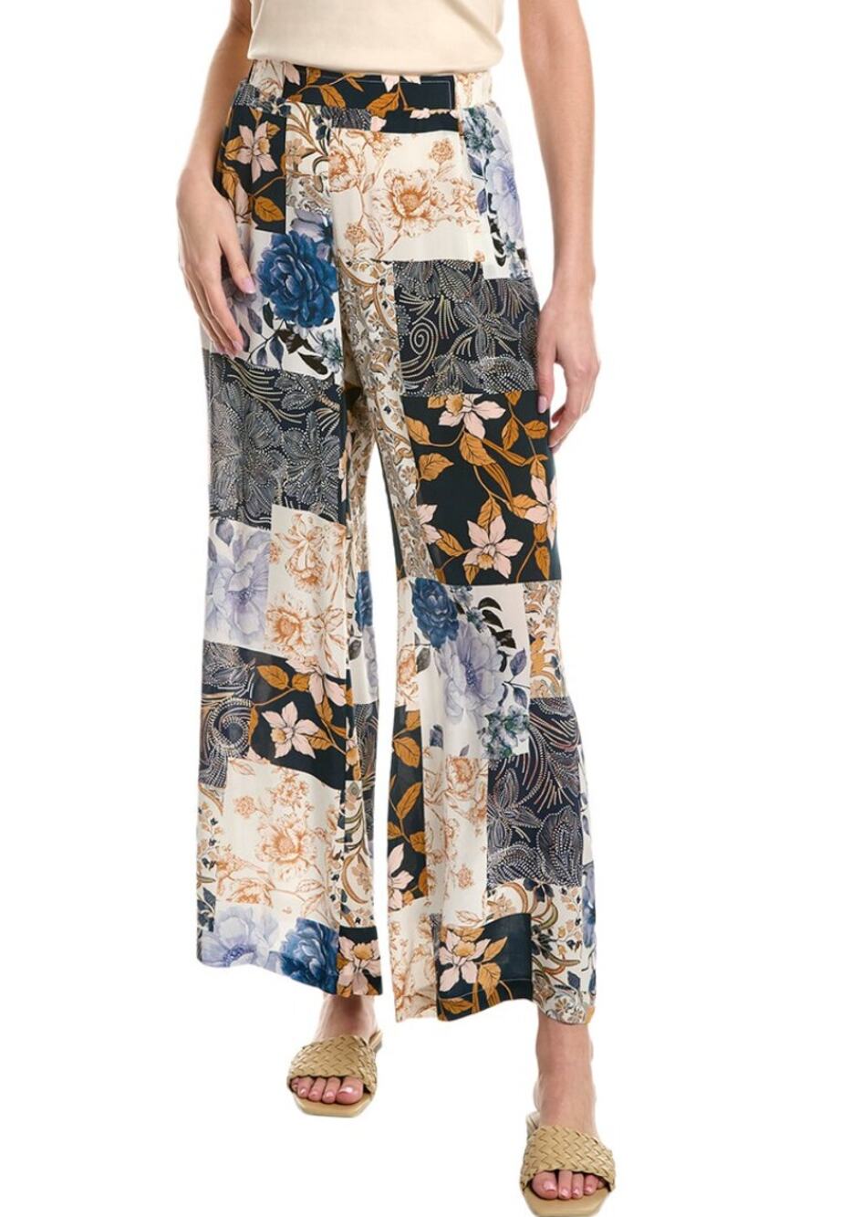 JOHNNY WAS Polaris Silk Easy Wide Leg Pant XS Floral Patchwork Navy Blue Tan